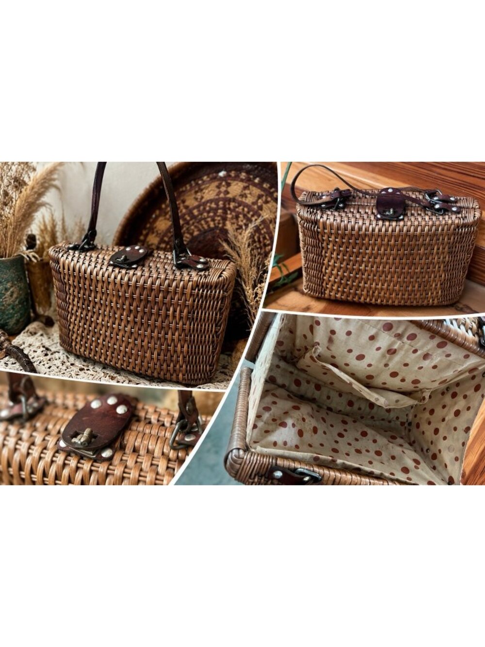 Vintage Wicker Rattan Box Purse Brown Leather Handle Handbag Retro 60s 70s Bag
